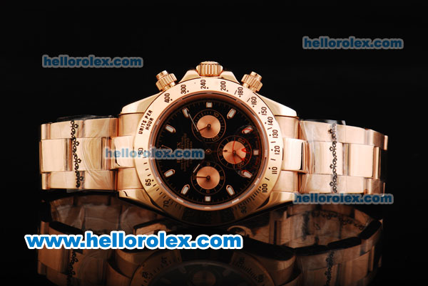 Rolex Daytona Chronograph Miyota Quartz Movement Full Rose Gold and Black Dial - RG Markers - Click Image to Close